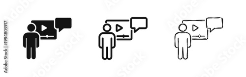 Video tutorial and online learning icon set with person and player in glyph line and doodle styles