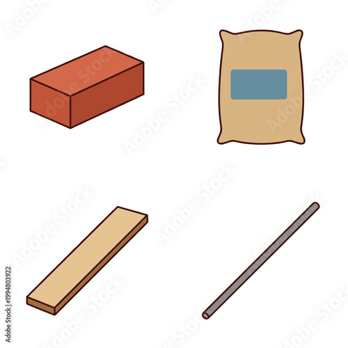 Basic Construction Materials Isometric Vector Set with Red Clay Brick, Cement Bag, Timber Wood Plank, and Steel Reinforcement Bar Industrial Tools