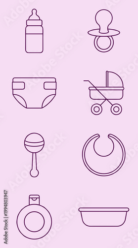 Baby Care and Nursery Essentials Line Icons Set with Feeding Bottle, Pacifier, Diaper, Stroller, Rattle, Bib, Baby Powder, and Bathtub Symbols