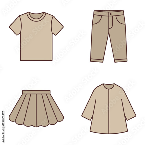 Minimalist Clothing Line Icons Set Featuring T-shirt, Pants, Skirt and Jacket, Casual Fashion Apparel Symbols Isolated on White Background Vector Art