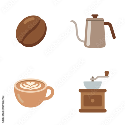 Specialty Coffee Brewing Equipment Icons with Coffee Bean, Pour Over Kettle, Latte Art Cup and Manual Grinder, Cafe Culture Vector Illustration Set
