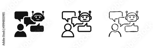 Chatbot customer support icon set person chatting with robot in glyph outline and hand drawn styles