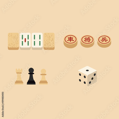 Traditional Table Games and Board Games Vector Icons, Mahjong Tiles, Chinese Chess pieces, Western Chess pieces and Dice Flat Symbols for Strategy and Leisure Activity