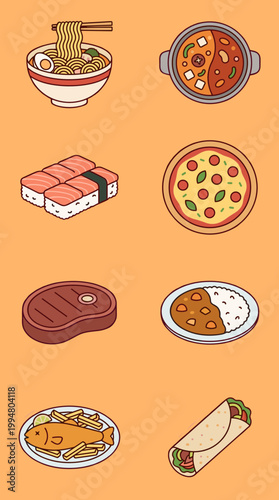 Delicious International Food and Cuisine Vector Illustration Set, Ramen, Hot Pot, Sushi, Pizza, Steak, Curry Rice, Fish and Chips, and Burrito Flat Icons for Restaurant Menu