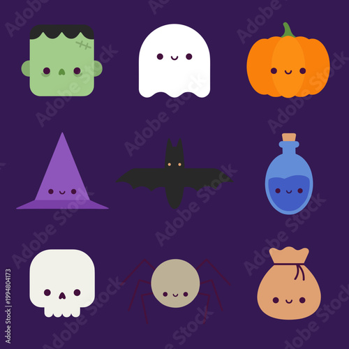 Cute Halloween Character and Magic Element Icon Set, Frankenstein, Ghost, Pumpkin, Witch Hat, Bat, Potion, Skull, Spider and Candy Bag Mascot Flat Vector Illustrations