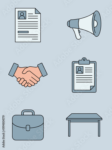 Professional Recruitment and Business Office Icons Set with Resume, Megaphone, Handshake, Clipboard, Briefcase and Desk Vector Flat Illustrations