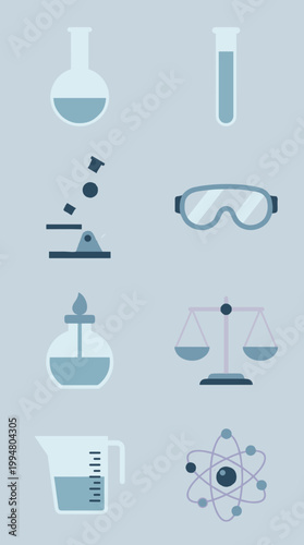 Laboratory Science Research Equipment Icons Set, Chemistry Flask, Test Tube, Microscope, Safety Goggles, Bunsen Burner, Balance Scale, Measuring Cup and Atom Symbols