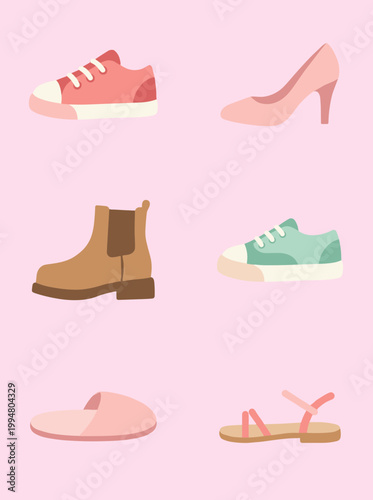 Various Footwear and Shoes Collection for Different Occasions, Sneakers, High Heels, Boots, Slippers and Sandals Fashion Apparel Vector Flat Illustration Set
