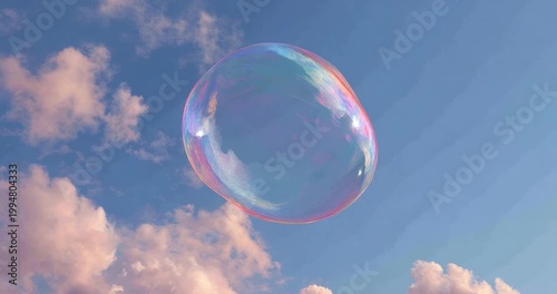 Floating Sphere: A delicate, iridescent bubble drifts gracefully against a vibrant canvas of a cloud-filled sky, embodying the ephemeral beauty of transience.
