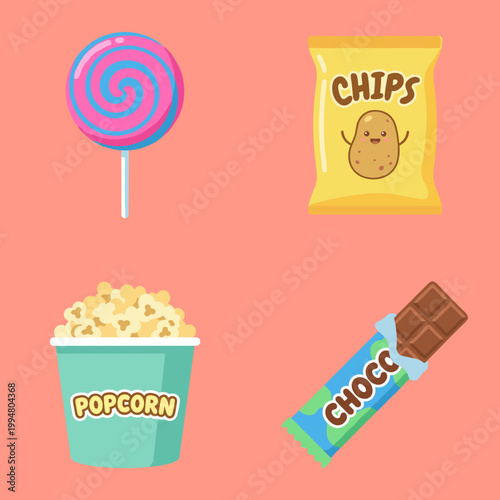 Sweet and Savory Snacks and Junk Food Collection Illustrations, Lollipop Candy, Potato Chips Bag, Popcorn Bucket and Chocolate Bar Vector Graphics for Food