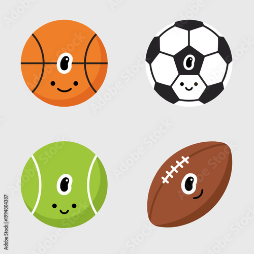 Cute Cartoon Sports Balls Set with Kawaii Faces, Including Basketball, Soccer Ball, Tennis Ball and American Football, Flat Vector Illustration