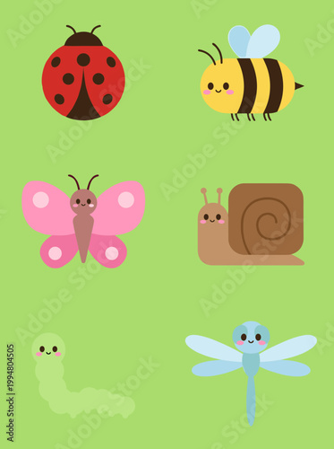 Cute Garden Insects and Bugs Icons Set, Ladybug, Bee, Butterfly, Snail, Caterpillar and Dragonfly Kawaii Vector Characters for Kids Education