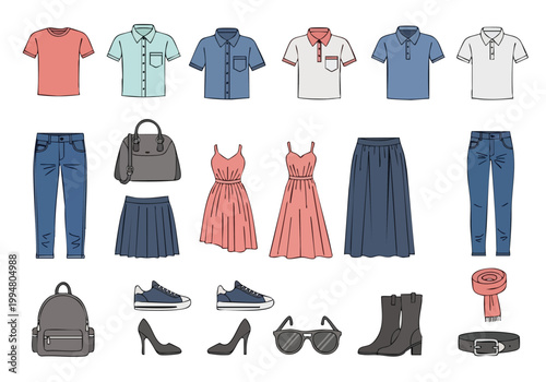 Vector fashion clothing and accessories for women and men, organized flat lay