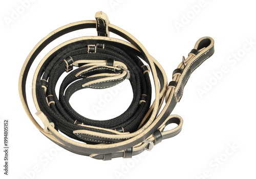 Beautiful leather rein - part of horse bridle isolated on white background. horse  equipment