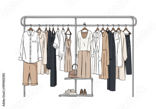 Vector illustration of a clothes rack filled with fashionable outfits, including dresses, blouses, and trousers