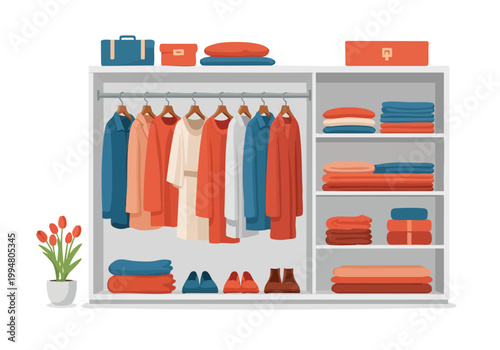 Vector illustration of an organized wardrobe with neatly arranged clothes and accessories