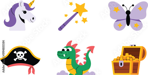 Flat cartoon illustration of magical fantasy elements unicorn wand butterfly dinosaur pirate hat treasure chest in grid on white background