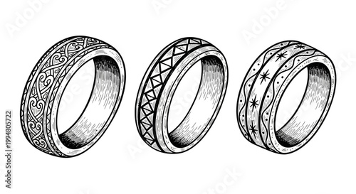 Intricate ink art of three ornamental rings with detailed patterns