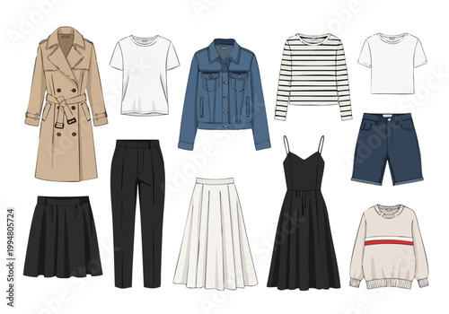 Vector illustration of casual and formal women's clothes, including a trench coat, denim jacket, and dresses