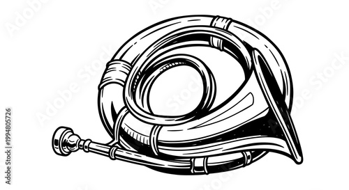 Hand drawn french hunting horn with intricate details on white background
