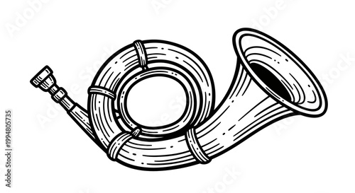Detailed black and white horn drawing with vintage style