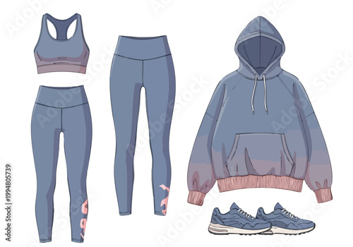 Vector illustration of athletic clothes including leggings, sports bra, hoodie, and sneakers for women's fitness and active lifestyle