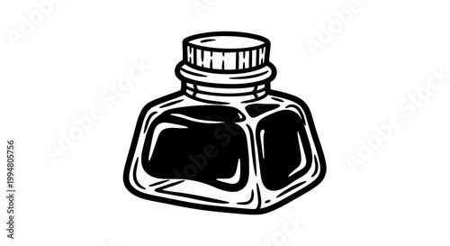 Vintage ink bottle drawing: monochrome artistic tool design
