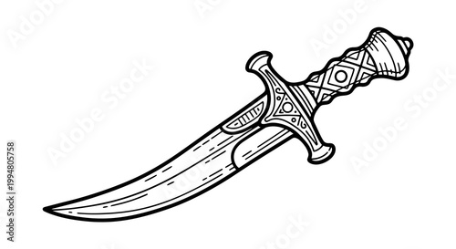 Intricate line art of ornate dagger with curved blade