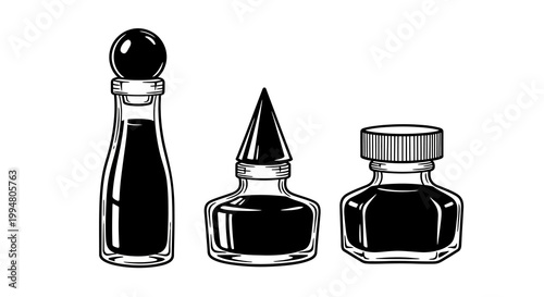 Ink bottles collection: classic black and white drawing of glass containers