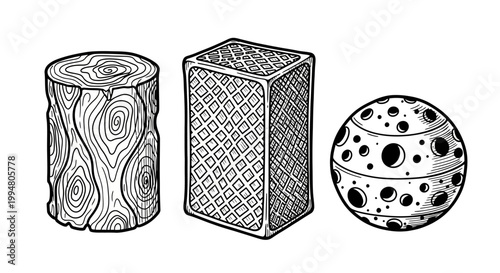 Detailed black and white sketches of tree trunk, brick, and planet shapes
