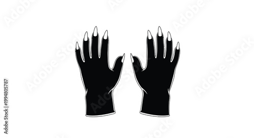 A stark black and white illustration depicts two hands with dramatically elongated pointed fingernails high quality professional detailed
