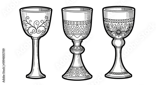 Elegant ornate chalices in vintage black and white line art style