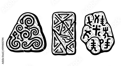Monochrome tribal rock patterns with ornamental designs