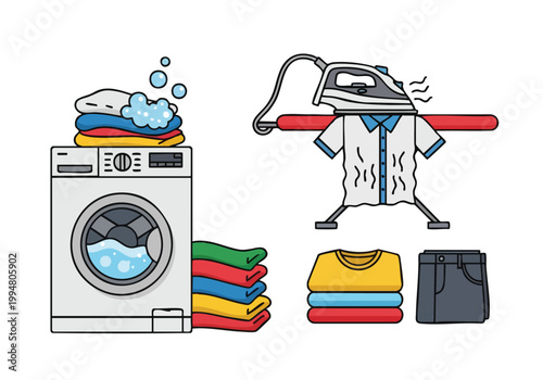 Illustration of a vector laundry set with washing machine, ironing board, and pile of clothes