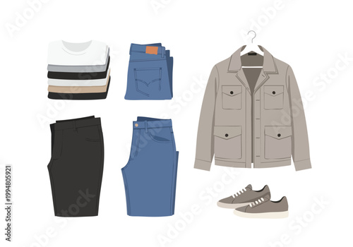 Vector illustration of a neatly arranged collection of men's casual clothes, including a striped sweater, jeans, trousers, and sneakers