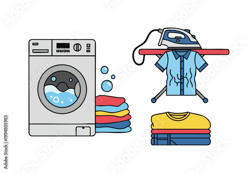 Vector illustration of laundry and ironing clothes, with washing machine and ironed clothing stacks