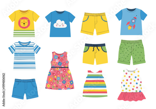 Vector illustrations of a variety of casual children's clothes, including t-shirts, shorts, and dresses