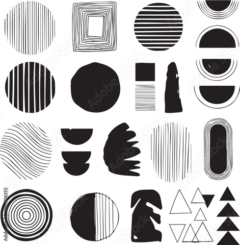 Fotografie Hand-Drawn Abstract Geometric Shapes Set – Organic Linocut Style Icons, Circles,