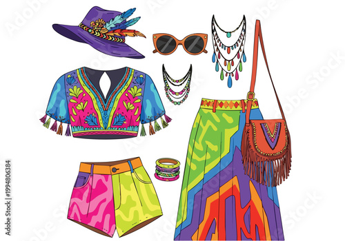 Bohemian fashion vector with colorful clothes, accessories, and bag, illustration of hippie style outfit