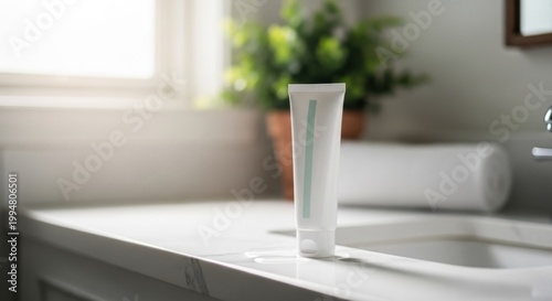 Toothpaste tube on bathroom countertop closeup.