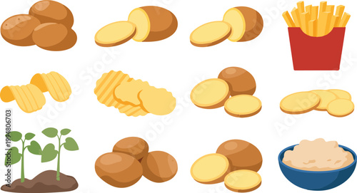 Flat cartoon illustration of potatoes and derivatives including fries chips wedges mashed potato plant grid white background