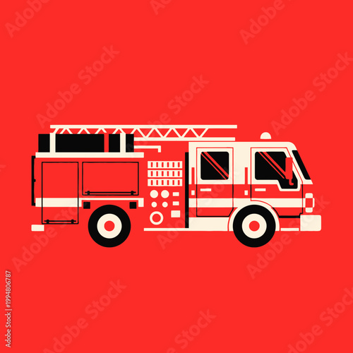 Minimalist Flat Vector Illustration of a Red Fire Truck Emergency Vehicle on Solid Background