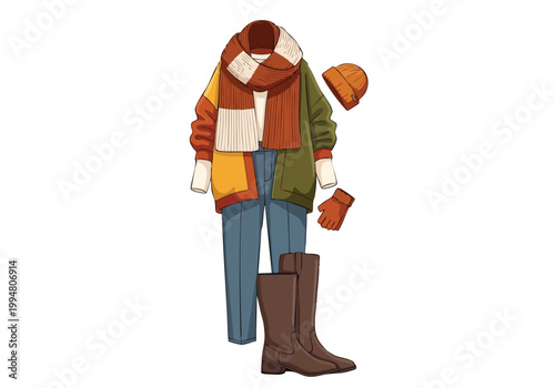 Autumn fashion vector of women's clothes, cozy outerwear, boots, and accessories for a stylish fall look