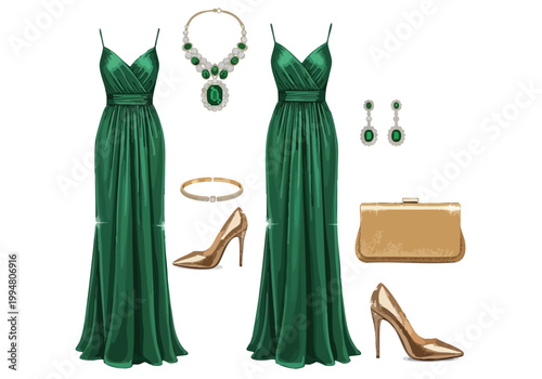 Elegant Green Evening Gown Vector Clothes Fashion Illustration with Accessories