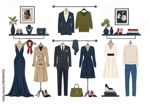 Vector illustration of elegant formal clothes and dresses for men and women displayed on mannequins and shelves