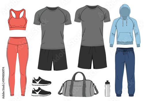 Vector clothes for sports and fitness, a collection of athletic wear for men and women