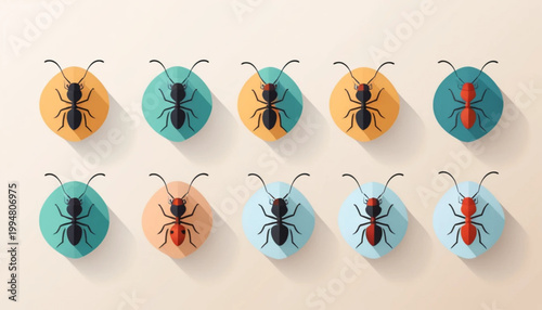A set of flat colored ant icon illustrations on a plain background. 