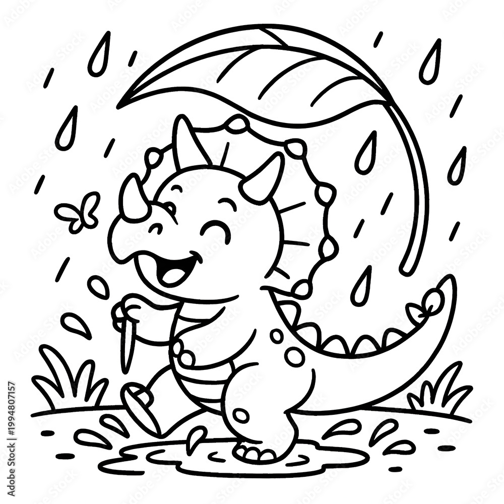 Fototapeta premium Cute Dinosaur with Volcano Scene – Kids Coloring Page Line Art