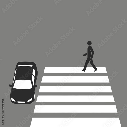 Pedestrian crossing the street on a zebra crossing with a car, minimalist vector icon for road safety, urban traffic rules and transportation concept.