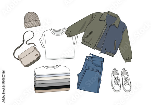 Vector illustration of casual outfit and accessories, including jeans, jacket, t-shirts, bag and hat